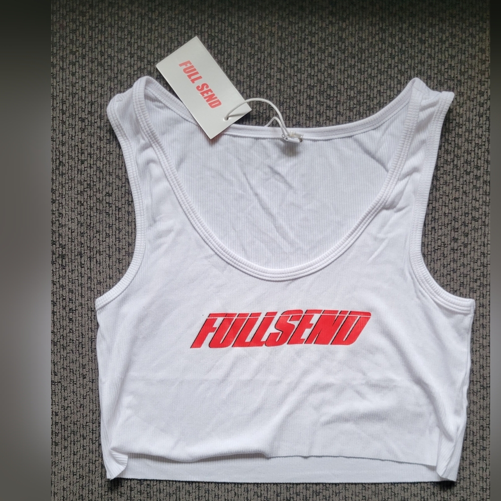 NWT Full Send Nelk Women's White Crop Tank Top Red Logo Size Large